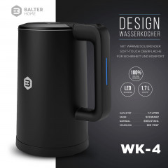 Balter Balter Wasserkocher WK-4, Edelstahl, 1,7 Liter, Doppelwand Design, BPA frei, LED, schwarz  Чайник Balter WK-4, нержавеющая сталь, 1,7 литра, конструкция с двойными стенками, без BPA, светодиод, черный