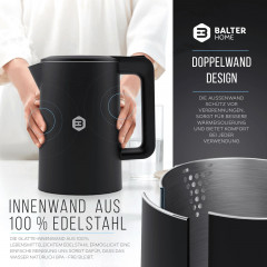 Balter Balter Wasserkocher WK-4, Edelstahl, 1,7 Liter, Doppelwand Design, BPA frei, LED, schwarz  Чайник Balter WK-4, нержавеющая сталь, 1,7 литра, конструкция с двойными стенками, без BPA, светодиод, черный