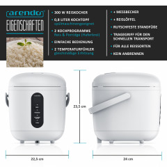 Arendo Arendo Reiskocher, 300 W, 0,8l, Messbecher  Reisloffel, Kochprogramme, Timer, Warmhaltefunktion  Рисоварка Arendo, 300 Вт, 0,8л, мерный стакан, ложка для риса, программы приготовления, таймер, функция поддержания тепла