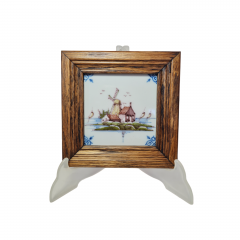 Картина керамическая винтажная в деревянной рамке &quot;Мельница&quot; Makkum, 15 x 15 x 2,5см, Нидерланды, 1960-70гг.